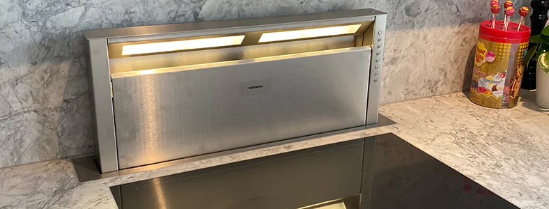 A nice stainless steel large downdraft rangehood, designed for effective ventilation in spacious kitchens