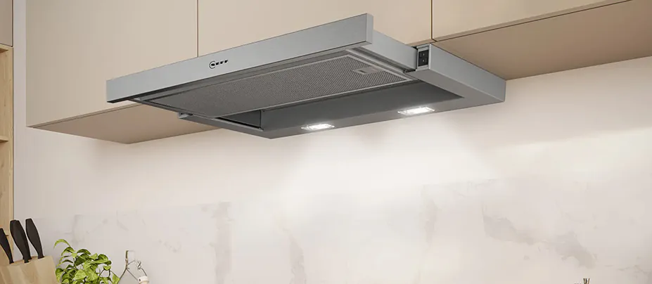 An example of a wall-mounted slide-out rangehood in a modern kitchen